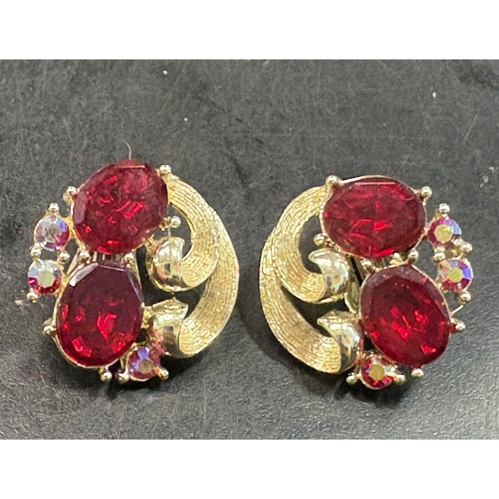 Vintage MCM 60's Lisner Ruby Red Glass AB Gold Tone Clip On Earrings Glam